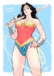 1girl bare_shoulders black_hair blue_background blue_eyes border bracer breasts cleavage cowboy_shot dc_comics gold_trim hand_on_own_hip holding holding_sword holding_weapon ittoku_art large_breasts lasso lasso_of_truth leotard long_hair multicolored_leotard over_shoulder parted_bangs parted_lips signature solo superhero_costume sword thighs tiara weapon weapon_over_shoulder white_border wonder_woman wonder_woman_(series)