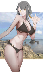 1girl 35oku_vs absurdres arm_out_of_frame bare_shoulders bikini black_bikini black_survival blue_sky border bracelet breasts cleavage closed_mouth collarbone commentary_request dr._nadja earrings eternal_return:_black_survival feet_out_of_frame grey_hair hair_bun hair_ornament highres holding jewelry large_breasts lips long_hair looking_at_viewer navel ocean rock sidelocks sky smile solo standing swimsuit white_border yellow_eyes