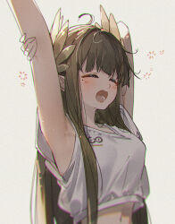 1girl :o arknights arm_behind_head armpits arms_up breasts brown_hair chromatic_aberration closed_eyes crop_top elf highres laurel_crown long_hair medium_breasts messy_hair midriff muelsyse_(arknights) navel open_mouth openvl pointy_ears rhine_lab_logo simple_background solo stretching tank_top upper_body watermark white_background white_tank_top yawning