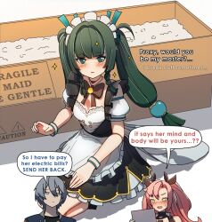 1boy 2girls :| alternate_costume android apron blush box braid closed_mouth detached_collar dorahdew dress empty_eyes english_text enmaided green_eyes green_hair grey_eyes grey_hair highres joints long_hair maid maid_apron maid_headdress multiple_girls nicole_demara nose_blush open_mouth parted_lips pink_hair qingyi_(zenless_zone_zero) robot_joints short_hair short_sleeves side_braids sitting sparkle twin_braids twintails waist_apron wise_(zenless_zone_zero) yellow_eyes zenless_zone_zero