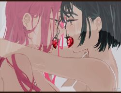 Rule 34 | 2girls, alien stage, black blood, black hair, blood, breasts, cleavage, commentary, english commentary, eye contact, gem, long hair, looking at another, mafuenareal, mizi (alien stage), mouth hold, multiple girls, pink hair, purple eyes, see-through clothes, see-through veil, shared veil, short hair, sua (alien stage), veil, yellow eyes, yuri