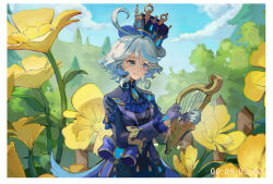 1girl absurdres ascot asymmetrical_gloves blue_ascot blue_brooch blue_gemstone blue_gloves blue_hair blue_hat blue_jacket blue_sky border brooch chinese_commentary closed_mouth cloud commentary_request cowlick drop-shaped_pupils flower furina_(genshin_impact) gem genshin_impact gloves harp hat heterochromia highres hill holding holding_harp holding_instrument instrument jacket jewelry mismatched_gloves mismatched_pupils short_hair sky smile standing suisuiing symbol-shaped_pupils timestamp top_hat tree white_border white_hair yellow_flower