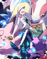 bare_shoulders bewear blonde_hair clefable creatures_(company) dress game_freak gen_1_pokemon gen_3_pokemon gen_4_pokemon gen_5_pokemon gen_7_pokemon green_eyes hair_over_one_eye high_heels holding holding_poke_ball lilligant long_hair looking_at_viewer lusamine_(pokemon) milotic mismagius mur_mu_mu nail_polish nintendo open_mouth poke_ball pokemon pokemon_(creature) pokemon_sm teeth ultra_ball upper_teeth_only very_long_hair white_dress yellow_nails