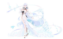 Rule 34 | 1girl, breasts, cleavage, detached sleeves, dolphin, dress, earrings, grey hair, high heels, highres, hoop earrings, jewelry, large breasts, liquid hair, musical note, original, pointy ears, sideboob, solo, two-tone dress, uyuyuun, white background