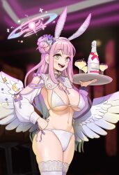 Rule 34 | 1girl, absurdres, alcohol, angel wings, animal ears, arm cutout, badge, bikini, black scrunchie, blue archive, blurry, blurry background, breasts, button badge, champagne, champagne bottle, champagne coupe, cleavage, commentary request, crescent, cup, drinking glass, fake animal ears, feathered wings, fingernails, flower, frilled ribbon, frills, gang72, gradient hair, hair bun, hair flower, hair ornament, hair ribbon, halo, hand on own hip, highres, holding, holding tray, indoors, korean commentary, large breasts, leotard, linea alba, long hair, long sleeves, low wings, mika (blue archive), multicolored hair, navel, neck ribbon, nontraditional playboy bunny, open mouth, pink hair, pink halo, pink lips, playboy bunny, playboy bunny bikini, playboy bunny swimsuit, purple flower, purple ribbon, rabbit ears, ribbon, scrunchie, shirt, shrug (clothing), side-tie bikini bottom, single side bun, smile, solo, standing, stomach, swimsuit, teeth, thighhighs, thighs, tongue, tray, underboob, upper teeth only, white bikini, white headwear, white ribbon, white shirt, white thighhighs, white wings, wings, wrist scrunchie, yellow eyes