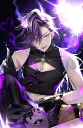 1boy arm_on_own_leg arm_rest arm_tattoo asymmetrical_pants banzoin_hakka banzoin_hakka_(3rd_costume) bird black_shirt black_skin chain chain_necklace cleavage_cutout clothing_cutout colored_extremities colored_skin crop_top cropped_shirt crown_(artist) earrings fangs feet_out_of_frame hakkito_(banzoin_hakka) highres holostars holostars_english horns jewelry knee_up licking_lips male_focus midriff necklace official_alternate_costume ofuda ofuda_earrings purple_background purple_eyes purple_hair shirt shirt_tug short_hair sitting talisman tattoo thigh_strap tongue tongue_out tsurime virtual_youtuber