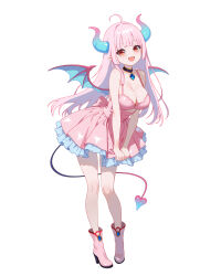 1girl :d ahoge back_bow bare_arms bare_shoulders black_choker blue_horns blue_wings blunt_bangs boots bow breasts choker cleavage demon_girl demon_horns demon_tail demon_wings dress dress_tug fangs frilled_dress frills full_body gradient_horns gradient_tail horns jewelry large_breasts leaning_forward long_hair looking_at_viewer multicolored_horns multicolored_tail multicolored_wings open_mouth original pendant pendant_choker pink_dress pink_hair pink_horns pink_shoes pleated_dress pointy_ears red_eyes red_wings shijie_de_xuwu shoes short_dress simple_background sleeveless sleeveless_dress smile solo spaghetti_strap standing straight_hair tail teeth upper_teeth_only white_background wings