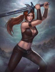 1girl amulet arms_up backlighting belt breasts brown_belt brown_hair closed_mouth commission cowboy_shot crop_top cross-laced_clothes cross-laced_top denn18art drakan fighting_stance green_eyes highres holding holding_sword holding_weapon leather leather_pants leather_strap leather_vest legs_apart looking_at_viewer medium_breasts mountainous_horizon navel pants parted_bangs ponytail rynn_(drakan) shoulder_strap sidelocks signature solo standing sword two-handed two-handed_sword vambraces weapon