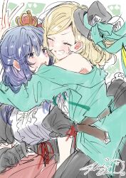 2girls black_hat blonde_hair blue_hair blush center_frills clenched_teeth closed_eyes commentary_request crown frills green_jacket hat highres izumi_shiho jacket long_hair long_sleeves medium_hair mini_crown mini_hat mizuguchi_aki mole mole_under_eye multiple_girls open_mouth purple_eyes sasayaku_you_ni_koi_wo_utau short_sleeves sweatdrop takeshima_eku teeth v yuri