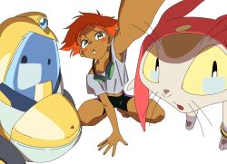 1boy 1girl 1other bike_shorts blush_stickers cat_boy colored_sclera cowboy_bebop crossover dark-skinned_female dark_skin edward_wong_hau_pepelu_tivrusky_iv glasses hat jinou_rakugaki looking_at_viewer meow_(space_dandy) midriff qt_(space_dandy) red_hair robot short_hair short_sleeves simple_background space_dandy squatting wheel whiskers white_background yellow_sclera