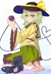 Rule 34 | 1girl, black boots, black hat, boots, feet, frilled sleeves, frills, green eyes, green hair, green skirt, hat, hat ribbon, highres, holding eyeball, kakuburi marurin arare, komeiji koishi, long sleeves, pantyhose, ribbon, shirt, shoes, skirt, soles, solo, stirrup legwear, third eye, toeless legwear, toes, touhou, unworn boots, unworn shoes, white pantyhose, wide sleeves, yellow ribbon, yellow shirt