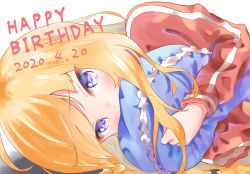 Rule 34 | 1girl, birthday, blonde hair, blue eyes, blush, commentary, cushion, dated, english text, gabriel dropout, gabriel tenma white, happy birthday, highres, hugging object, jacket, long hair, long sleeves, looking at viewer, lying, on side, orange0150, pillow, pillow hug, red jacket, shadow, sidelocks, solo, white background