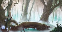 Rule 34 | absurdres, bare tree, fallen tree, fog, highres, moss, no humans, original, painting (medium), plant, scenery, shadow, sky, slow d, traditional media, tree, water, weeds, wetland, white sky