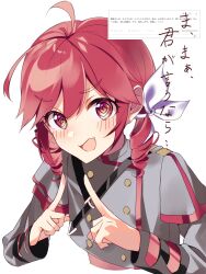1girl ahoge alternate_hairstyle black_sleeve_cuffs blush bow buttons double-breasted double-parted_bangs drill_hair furrowed_brow grey_jacket hair_between_eyes hair_bow hair_ribbon highres hunched_over jacket kasane_teto kasane_teto_(sv) long_sleeves looking_at_viewer low_drills low_twintails midriff midriff_peek musical_staff musical_staff_print natoruuuu odaibako open_mouth pinstripe_hat pointing pointing_up red_eyes red_hair red_trim request_inset ribbon shirt shoulder_belt shoulder_boards simple_background solo synthesizer_v twin_drills twintails white_background white_bow white_ribbon
