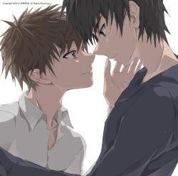 2boys artist_name black_eyes black_hair black_shirt brown_eyes brown_hair chinese_commentary closed_mouth collared_shirt dao_mu_bi_ji eye_contact face-to-face hand_on_another&#039;s_face long_sleeves looking_at_another male_focus multiple_boys pijitaidi profile shirt short_hair simple_background smile spiked_hair upper_body white_background white_shirt wu_xie_(daomu_biji) yaoi zhang_qiling
