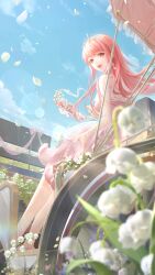 1girl absurdres artist_request bare_legs bare_shoulders blue_sky brown_eyes carriage cloud detached_sleeves dress earrings eyelashes flats floating_hair flower flower_dress from_side full_body game_cg happy heart heart_earrings highres jewelry lace_sleeves light_blush light_particles lily_of_the_valley long_hair long_sidelocks looking_at_viewer nikki_(nikki) nikki_(series) official_art open_mouth parade petals pink_dress pink_hair pink_shoes promise_of_the_wind_(shining_nikki) see-through_clothes see-through_sleeves shining_nikki shoes short_dress sidelocks sky smile solo strapless strapless_dress third-party_source tiara very_long_hair wavy_hair white_flower white_sleeves