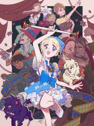 Rule 34 | 4boys, 4girls, abel geiger, anna petrova, arm up, ashita no nadja, beard, blonde hair, blue dress, blue eyes, blush, brown hair, chocolat (ashita no nadja), clown, commentary request, cream (ashita no nadja), dress, facial hair, george haskill, hair bun, hat, highres, holding, holding instrument, holding violin, instrument, kennosuke tsurugi, kuwabara (mola 8), lion, makeup, multiple boys, multiple girls, nadja applefield, old, old woman, phonograph, rita rossi, smile, standing, standing on one leg, sylvie arte, thomas o&#039;brien, violin