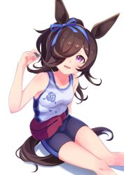 1girl alternate_costume animal_ears armpits bike_shorts breasts collarbone commentary_request hair_between_eyes hair_ornament highres horse_ears horse_girl looking_at_viewer moko39_takasora open_mouth ponytail rice_shower_(umamusume) small_breasts solo umamusume white_background