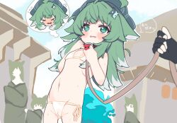 1girl 4others @_@ ahoge animal_ears bdsm belt_collar bikini black_gloves blush cameltoe collar colored_tips commentary_request commission cowboy_shot embarrassed fang fingerless_gloves flat_chest gloves green_eyes green_hair highres honkai:_star_rail honkai_(series) huohuo_(honkai:_star_rail) leash loli multicolored_hair multiple_others parted_lips people pov pov_hands red_collar side-tie_bikini_bottom skeb_commission slave speech_bubble spoken_character sweat swimsuit thought_bubble two-tone_hair viewer_holding_leash white_bikini white_hair yin_yang zeru_(wisel_army)