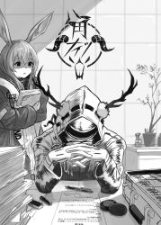 1girl 1other absurdres ambiguous_gender amiya_(arknights) animal_ears arknights asakara book doctor_(arknights) greyscale highres holding holding_book hood hood_up horns indoors interlocked_fingers long_hair long_sleeves monochrome own_hands_together paper_stack pen plant potted_plant rabbit_ears sitting standing suitcase translation_request