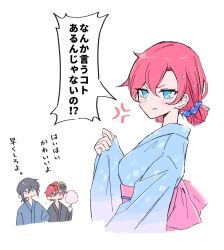 Rule 34 | 1girl, 2boys, aiba takumi, anger vein, blue eyes, blue kimono, commentary request, digimon, digimon card game, digimon story: cyber sleuth, highres, japanese clothes, kimono, multiple boys, nagoshi, official alternate costume, pout, red hair, sanada arata, shiramine rika, simple background, solo focus, speech bubble, translation request, upper body, white background, yukata