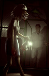 1boy 1girl absurdres black_hair blood blood_on_hands dead_animal flashlight highres holding holding_flashlight horror_(theme) jacket monster monster_girl night original pants rabbit skirt spine white_jacket white_pants xlazyx