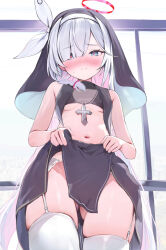1girl alternate_costume blue_archive blush braid breasts closed_mouth colored_inner_hair commentary_request cross garter_straps gluteal_fold grey_eyes grey_hair hair_over_one_eye halo highres houraku lifting_own_clothes loli long_hair looking_at_viewer multicolored_hair navel nun pelvic_curtain pink_hair plana_(blue_archive) red_halo red_pupils side_braid single_braid sleeveless small_breasts solo textless_version thighhighs two-tone_hair underboob white_thighhighs