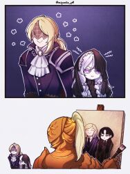 Rule 34 | 1boy, 2girls, addams family, armor, ascot, black eyes, black hair, blonde hair, closed eyes, commentary, covered eyes, crossover, duchess (elden ring), elden ring, elden ring nightreign, english commentary, enid sinclair, executor (elden ring), gothic lolita, helmet, highres, lolita fashion, long hair, miqueliafantasia, multiple girls, painting (object), ponytail, pout, purple eyes, revenant (elden ring), smile, twitter username, wednesday (netflix), wednesday addams, white ascot
