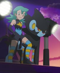 Rule 34 | 1girl, aged down, bare shoulders, gen 4 pokemon, gloves, green hair, hand on own hip, jenny (pokemon), long glove, luxray, marble (pokemon), nintendo, official alternate costume, orange eyes, pokemon, pokemon (anime), pokemon dp059, pokemon dppt (anime), searchlight, shoes, skin tight, spandex, striped clothes, striped thighhighs, thighhighs