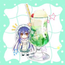 Rule 34 | 1girl, :o, blue hair, brown eyes, chibi, cup, date a live, dress, drinking glass, drinking straw, genderswap, genderswap (mtf), hair between eyes, hair ornament, highres, itsuka shiori, long hair, looking at viewer, maid, maid headdress, notice lines, pen tzbzm, solo