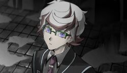 1boy bathroom black_jacket blazer blue_eyes building colored_bangs colored_tips dress_shirt facing_to_the_side fog green-framed_eyewear highres homura_takeru indoors jacket looking_ahead looking_to_the_side looking_up male_focus multicolored_hair muted_color necktie novale110 open_clothes open_jacket outdoors over-rim_eyewear red_necktie school_uniform semi-rimless_eyewear shirt swept_bangs tile_floor tiles upper_body water water_drop white_hair white_shirt yu-gi-oh! yu-gi-oh!_vrains