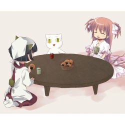 10s 2girls apron black_hair bob_cut can cat company_connection crossover cup dorm_leader dorm_mistress dress food gloves handkerchief kaname_madoka long_hair mahou_shoujo_madoka_magica mahou_shoujo_madoka_magica_(anime) maria_holic multiple_girls nekogami-sama nora-toro pani_poni_dash! pink_hair seiza senbei shaft_(company) short_hair short_twintails sitting socks spoilers table teacup trait_connection twintails two_side_up ultimate_madoka yunomi