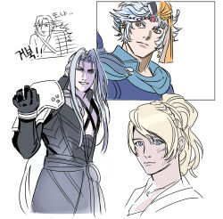 1girl 3boys arm_up armor bandana blonde_hair blue_eyes brown_eyes closed_mouth dirty dirty_face final_fantasy final_fantasy_ii final_fantasy_vii final_fantasy_xv firion forehead_jewel gem genesis_rhapsodos green_eyes grey_hair grin highres long_hair lunafreya_nox_fleuret multiple_boys newb_ff7r pauldrons red_gemstone sephiroth short_hair shoulder_armor smile
