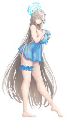 1girl absurdres asuna_(blue_archive) blue_archive blue_eyes blue_halo blue_nightgown blue_ribbon breasts brown_hair frilled_thigh_strap full_body grabbing_own_breast grin hair_over_one_eye hair_ribbon halo highres huge_breasts long_hair looking_at_viewer looking_to_the_side nightgown ribbon sideboob simple_background smile tagi_(dltjdgh2010) thigh_strap thighs very_long_hair white_background