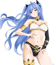 1girl bae_minah_(chaesu) bandeau bare_shoulders black_panties blue_eyes blue_hair blush breasts bridal_gauntlets chaesu cleavage closed_mouth commentary cosplay cowboy_shot earrings english_commentary eyelashes gluteal_fold gold_armlet gold_trim hair_ornament highres hoop_earrings ishtar_(fate) ishtar_(fate)_(cosplay) jewelry long_hair looking_at_viewer navel original panties signature simple_background solo stomach thighs two_side_up underwear very_long_hair white_background