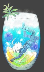 1boy ahoge alcohol android bad_id bad_twitter_id black_background blue_eyes blueberry bumpchisuki closed_mouth commentary_request cup danganronpa_(series) danganronpa_v3:_killing_harmony drinking_glass expressionless floating floating_hair food fruit full_body highres hugging_object ice ice_cube in_container in_cup k1-b0 korean_commentary leaf lemon lemon_slice light_particles looking_at_viewer male_focus outline short_hair simple_background solo submerged white_hair white_outline