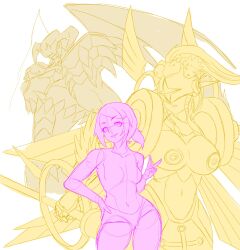 Rule 34 | armor, breasts, digimon, digimon (creature), dynasmon, falcon (burbdoodles), medium hair, ofanimon, sharp teeth, sketch, teeth, v, yagami hikari