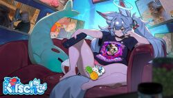 animal_ears barefoot bottomless censored couch food food_print fox_ears fox_girl fox_tail fruit_print indie_virtual_youtuber kirsche_verstahl panties popcorn scrunchie shirt strawberry_print stuffed_toy t-shirt tail underwear virtual_youtuber