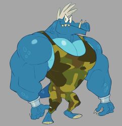 1boy bodysuit camouflage camouflage_bodysuit donkey_kong_(series) full_body furry furry_male grey_background highres krusha looking_at_viewer muscular muscular_male nintendo reptile_boy sharp_teeth simple_background sleeveless sleeveless_bodysuit solo standing starjeti teeth toon_(style)