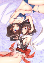 2girls 69 adapted_costume bikini blue_bikini blue_eyes braid brown_eyes commentary_request covered_erect_nipples elbow_gloves eye_contact fingerless_gloves front-tie_bikini_top front-tie_top gloves hair_flaps kantai_collection loincloth long_hair looking_at_another moke_ro multiple_girls official_alternate_costume scarf sendai_(kancolle) sendai_kai_ni_(kancolle) shigure_(kancolle) shigure_kai_san_(kancolle) shigure_kai_san_(swimsuit)_(kancolle) single_braid strap_slip swimsuit two_side_up white_scarf yuri