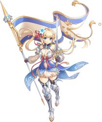 1girl armor artist_request bare_shoulders blonde_hair blue_eyes breasts brown_gloves cleavage clothing_cutout flag fleur-de-lis flower full_body game_cg gloves hair_flower hair_ornament highres holding holding_flag holding_sword holding_weapon jeanne_d&#039;arc_(legend_clover) legend_clover long_hair navel navel_cutout official_alternate_costume official_art sword third-party_source transparent_background twintails weapon