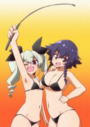 2girls ;d absurdres anchovy_(girls_und_panzer) arm_up bikini black_bikini black_hair black_ribbon braid breasts brown_eyes drill_hair fang girls_und_panzer gradient_background green_hair hair_ribbon hair_tie hand_on_own_hip highres holding holding_riding_crop large_breasts long_hair looking_at_viewer multiple_girls navel okaasan_(okaasandx) one_eye_closed open_mouth orange_background pepperoni_(girls_und_panzer) red_background red_eyes ribbon riding_crop short_hair side_braid small_breasts smile standing swimsuit twin_drills twintails