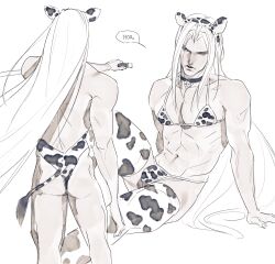 1boy abs absurdres animal_ear_headwear animal_ears animal_print arm_support arm_up backless_leotard bell bikini black_choker bulge choker commentary cow_ears cow_print cow_print_bikini cow_print_leotard cow_print_thighhighs cow_tail facing_away fake_animal_ears fake_tail final_fantasy final_fantasy_vii final_fantasy_vii_remake glaring hair_intakes hashtag-only_commentary highres holding holding_sword holding_weapon katana knee_up leotard limited_palette long_hair looking_to_the_side male_focus multiple_views navel neck_bell parted_bangs print_bikini print_thighhighs sephiroth serious shyuuwei sitting speech_bubble swimsuit sword tail thighhighs toned toned_male very_long_hair weapon white_background white_hair