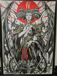 1girl breasts cleavage cowboy_shot demon_horns demon_wings diablo_(series) dress fingernails highres horns lilith_(diablo) long_fingernails long_sleeves muju solo standing traditional_media wings