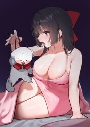 1girl absurdres bare_arms bare_shoulders black_hair blanket blue_eyes bow breasts cleavage commentary_request dress hair_bow hand_up heok_bam highres korean_commentary large_breasts open_mouth pink_dress profile shirayuki_hina short_dress sitting sleeveless sleeveless_dress solo spaghetti_strap stellive sweatdrop thighs v-shaped_eyebrows virtual_youtuber yokozuwari