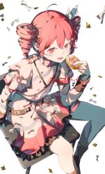 1girl absurdres ahoge ankle_boots ankle_socks belt birthday black_belt black_boots black_skirt black_sleeve_cuffs black_slingshot_swimsuit boots bow bread bread_slice buttons confetti double-breasted drill_hair eating food from_above grey_jacket grey_skirt hair_between_eyes hair_bow hair_ribbon highres holding holding_food jacket kasane_teto kasane_teto_(sv) layered_skirt layered_sleeves long_sleeves looking_at_viewer musical_note on_table open_mouth red_eyes red_hair red_skirt red_trim ribbon shoulder_belt shoulder_boards sitting skirt slingshot_swimsuit socks solo striped_clothes swimsuit synthesizer_v table tears twin_drills utau white_background white_bow white_ribbon yuyufufu