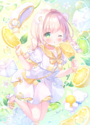 1girl :o absurdres animal_ears bag bear_ears bear_girl bear_hair_ornament beret blonde_hair blush bow bowtie braid commentary_request dated dress floating_hat flower food fruit full_body green_eyes hair_ornament handbag hat highres holding holding_food holding_ice_cream ice ice_cream ice_cube leaf lemon lime_(fruit) looking_at_viewer medium_hair nail_polish omochi_monaka one_eye_closed original parted_lips puffy_short_sleeves puffy_sleeves ribbon sailor_collar sailor_dress sandals short_sleeves signature solo stuffed_animal stuffed_toy teddy_bear twin_braids twintails white_dress white_flower white_hat white_sandals wrist_ribbon yellow_bag yellow_bow yellow_bowtie yellow_nails yellow_ribbon yellow_sailor_collar