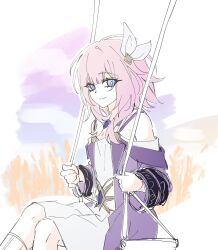 Rule 34 | 1girl, blue eyes, coat, cyrene (honkai: star rail), dress, hair ornament, highres, honkai: star rail, honkai (series), inggang el, looking at viewer, medium hair, multicolored hair, on swing, pink hair, pink pupils, purple coat, smile, solo, swing, swing set, two-tone hair, wheat, wheat field, white dress, white hair