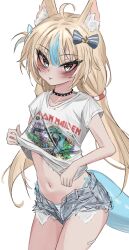 1girl absurdres akarinnndesu animal_ear_fluff animal_ears band_shirt bikini bikini_under_clothes blonde_hair blue_bow blue_eyes blue_streaks bow cat_ears collar cutoffs denim denim_shorts exposed_pocket fins fish_tail grey_shorts hair_bow highres indie_virtual_youtuber iron_maiden_(band) lifebuoy_hair_ornament low_twintails merchandise micro_shorts navel open_fly sameko_saba shirt shorts simple_background solo spiked_collar spikes swimsuit tail tongue tongue_out twintails virtual_youtuber white_background white_shirt