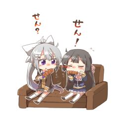 2girls ahoge black_footwear black_hair black_jacket blazer blush blush_stickers bow brown_cardigan cardigan chibi closed_eyes couch eating flying_sweatdrops food grey_hair hair_between_eyes hair_bow hair_ornament hairclip higuchi_kaede higuchi_kaede_(1st_costume) holding holding_food jacket long_sleeves multiple_girls nijisanji nose_blush on_couch open_clothes open_jacket outline ponytail purple_eyes rebecca_(keinelove) school_uniform shoes simple_background sitting skewer sleeves_past_wrists small_sweatdrop socks sweat thighhighs translation_request tsukino_mito tsukino_mito_(1st_costume) v-shaped_eyebrows virtual_youtuber white_background white_bow white_outline white_socks white_thighhighs